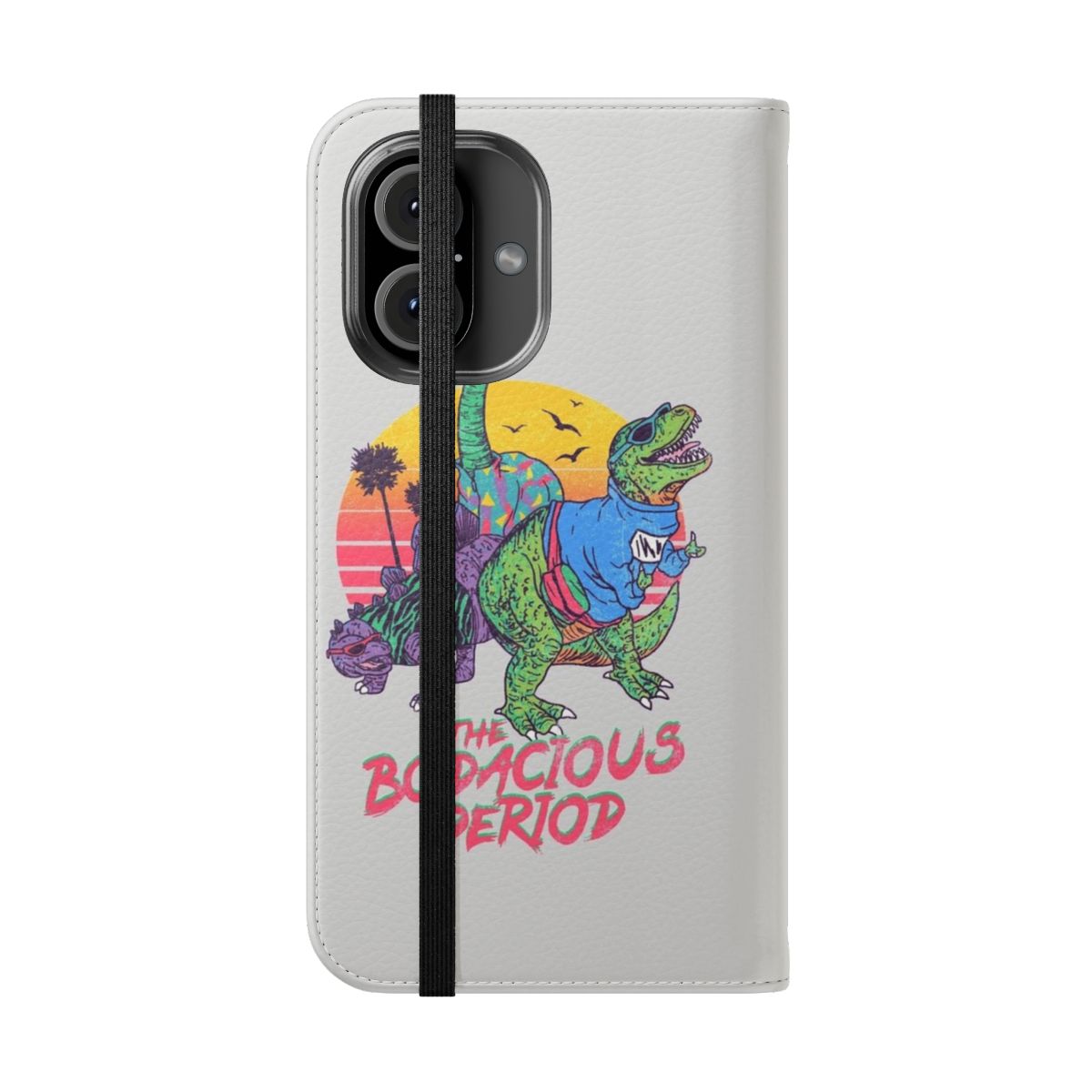 Vibrant dinosaur-themed retro phone case in a variety of summer-inspired colors and patterns. - Folded Front