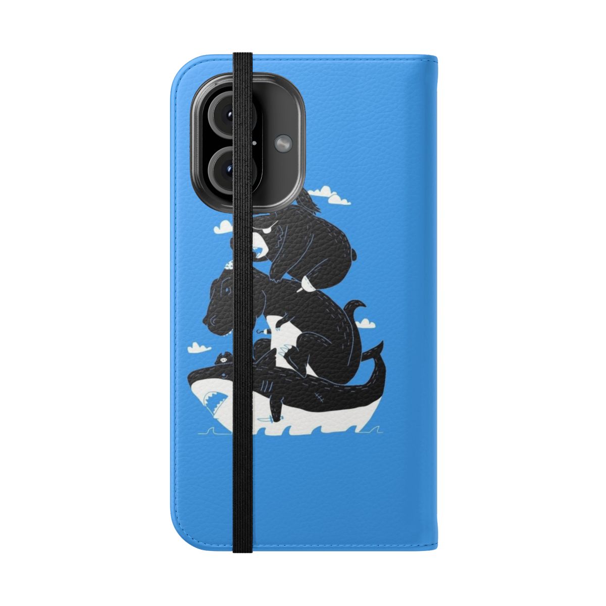 Flip cover phone case featuring pirate and dinosaur designs - Folded Front