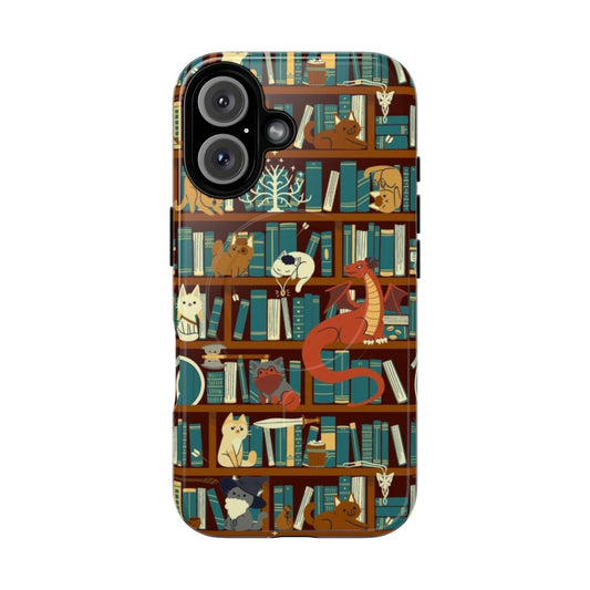 Magnetic phone case with fantasy book, dragon, and cat design