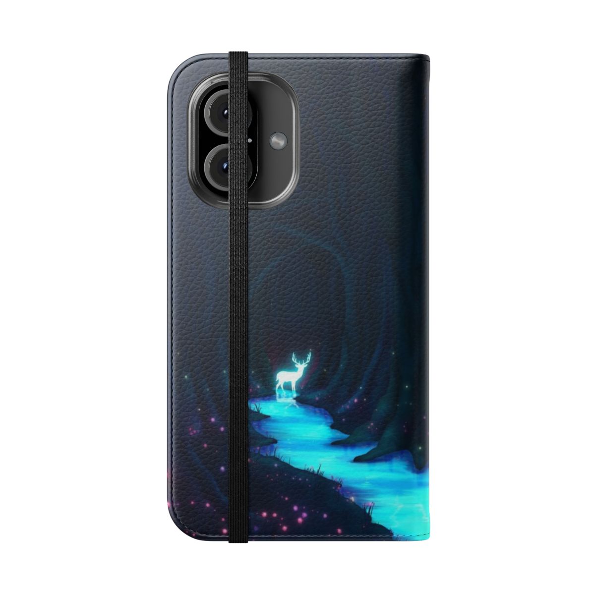 Glowing river and deer silhouette in a fantasy landscape phone case design - Folded Front