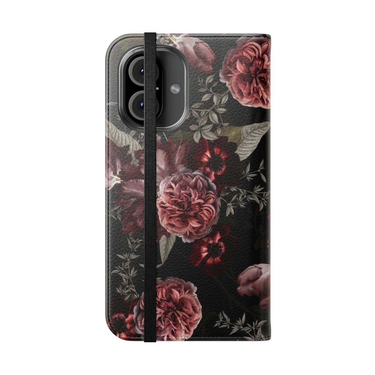 Vintage midnight botanical floral pattern phone case featuring roses and tulips in a lush garden design - Folded Front