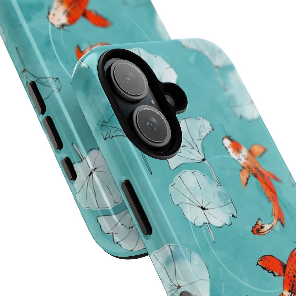 Turquoise and orange koi fish swimming among water lilies and leaves in a watercolor painting style phone case. - Detail