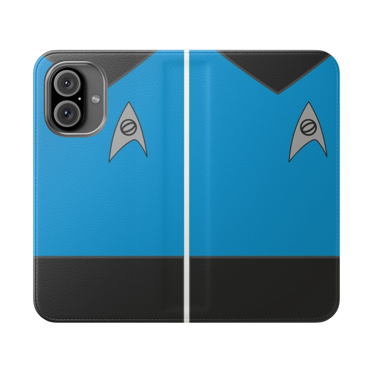 A blue flip phone case with a science fiction design, featuring elements from the original Star Trek series.