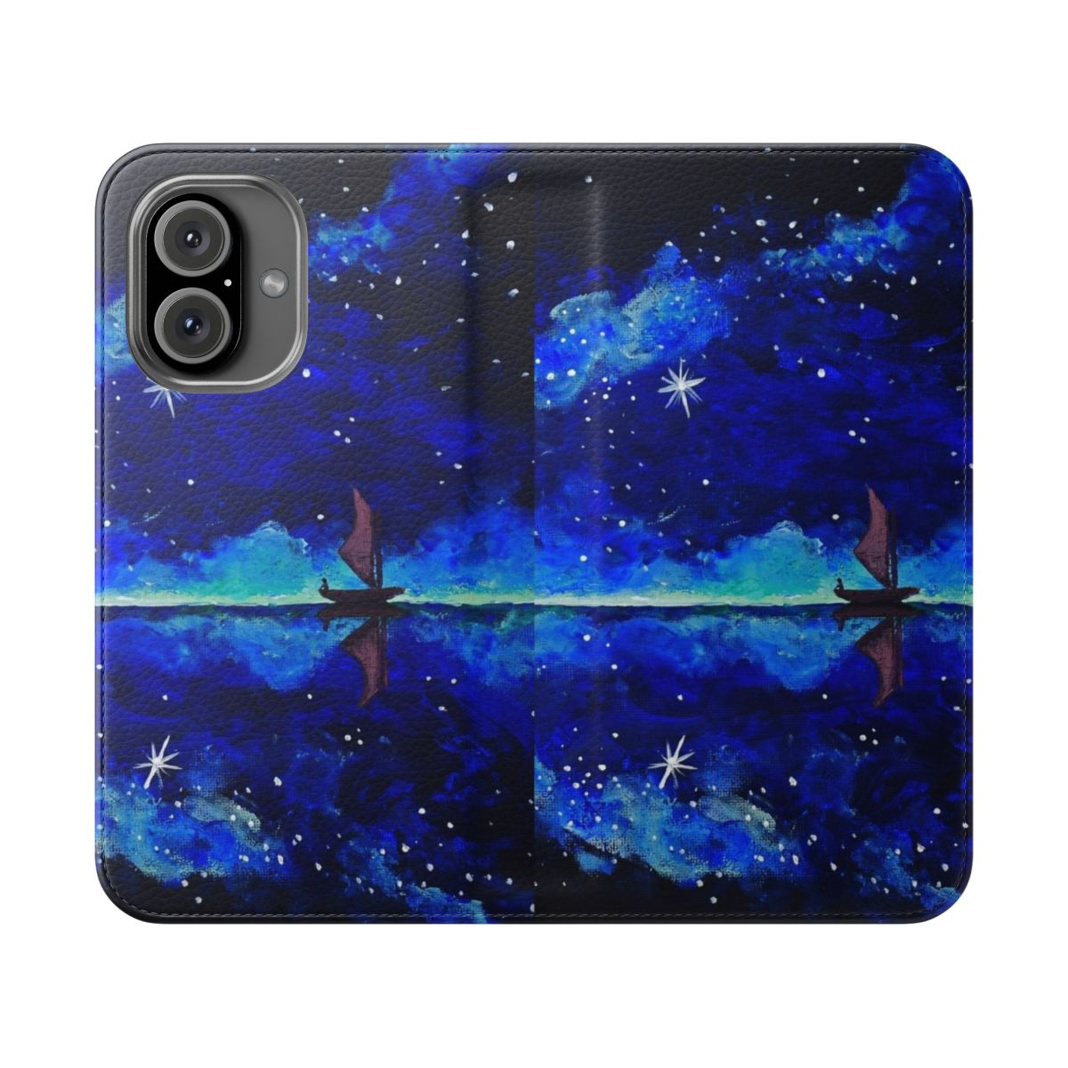 Celestial-inspired Moana phone case cover with night sky, stars, and sailing ship design