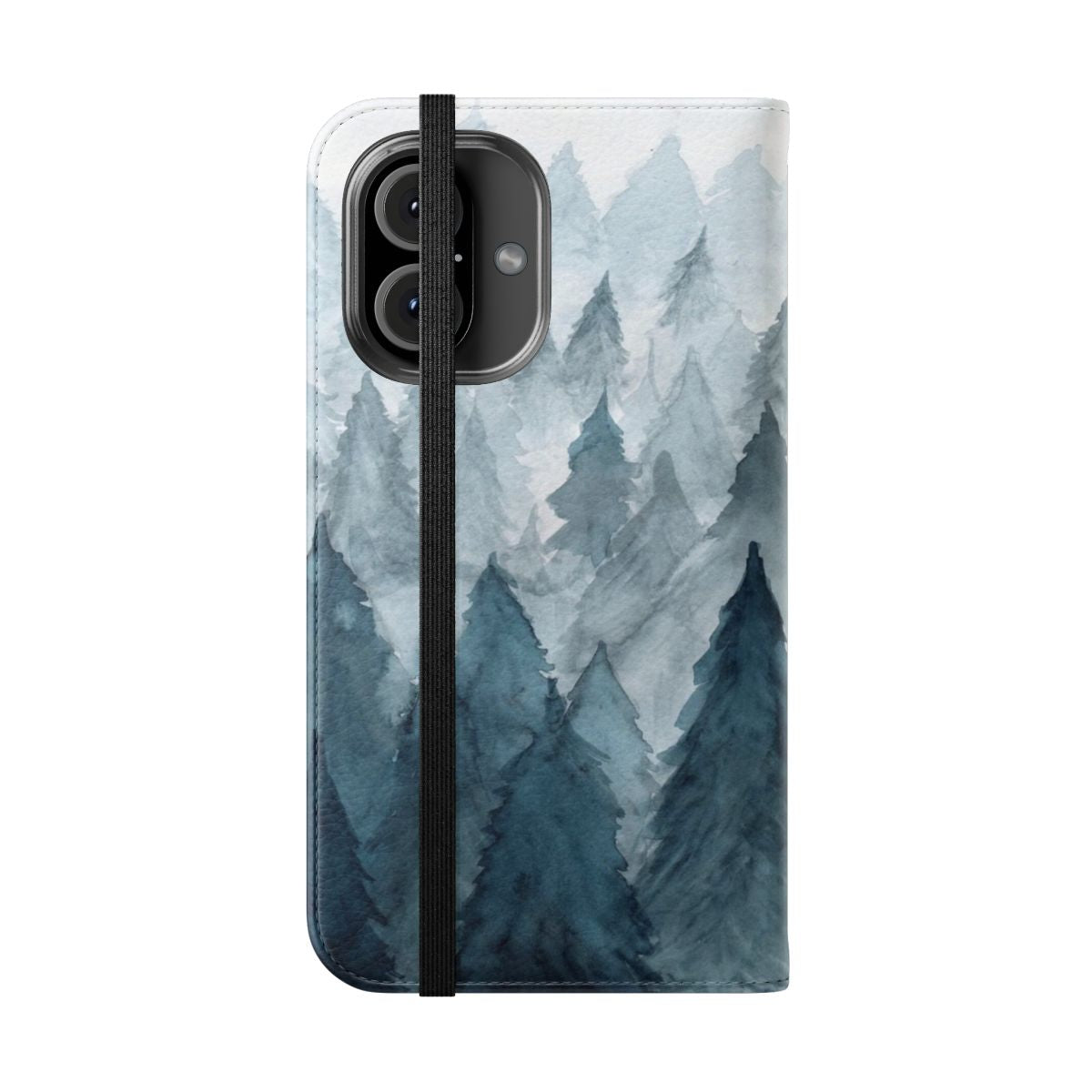 A clear phone case with a beautiful watercolor winter forest scene design. - Folded Front