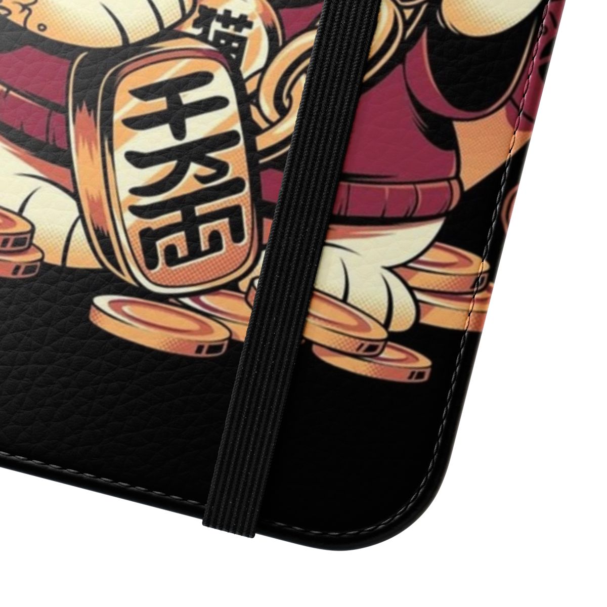 Stylish flip cover phone case featuring a lucky maneki neko cat design - Close Up