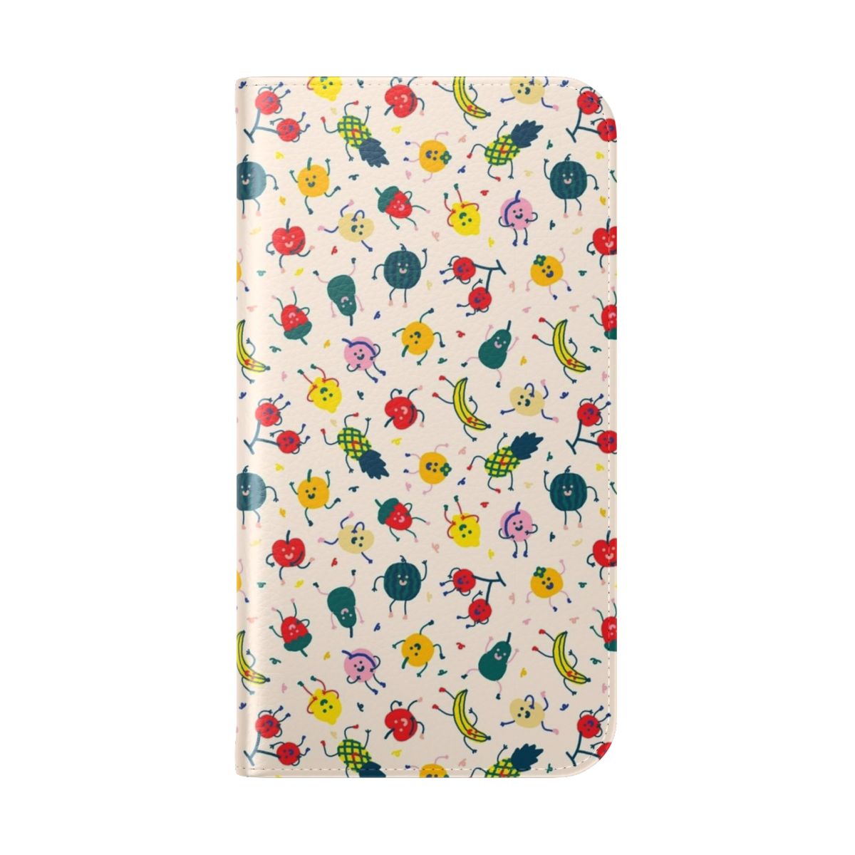 A colorful and whimsical flip phone case featuring a fun pattern of dancing, happy fruits like watermelon, strawberry, apple, pineapple, and more. - Folded Back