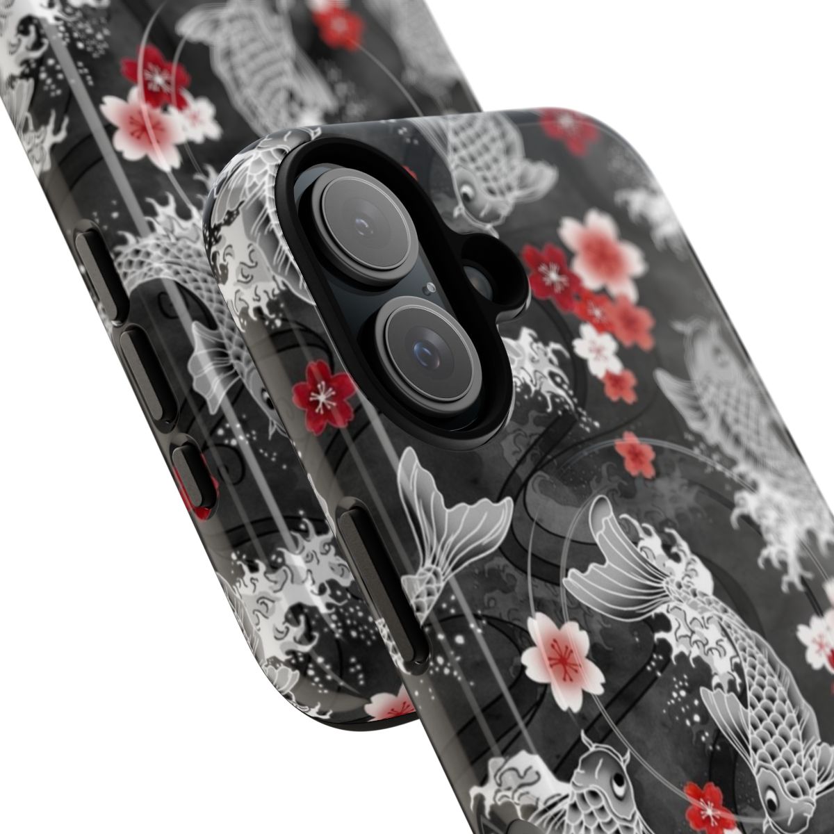 Vibrant watercolor-style image of koi fish and cherry blossoms on a black magnetic protective phone case - Detail