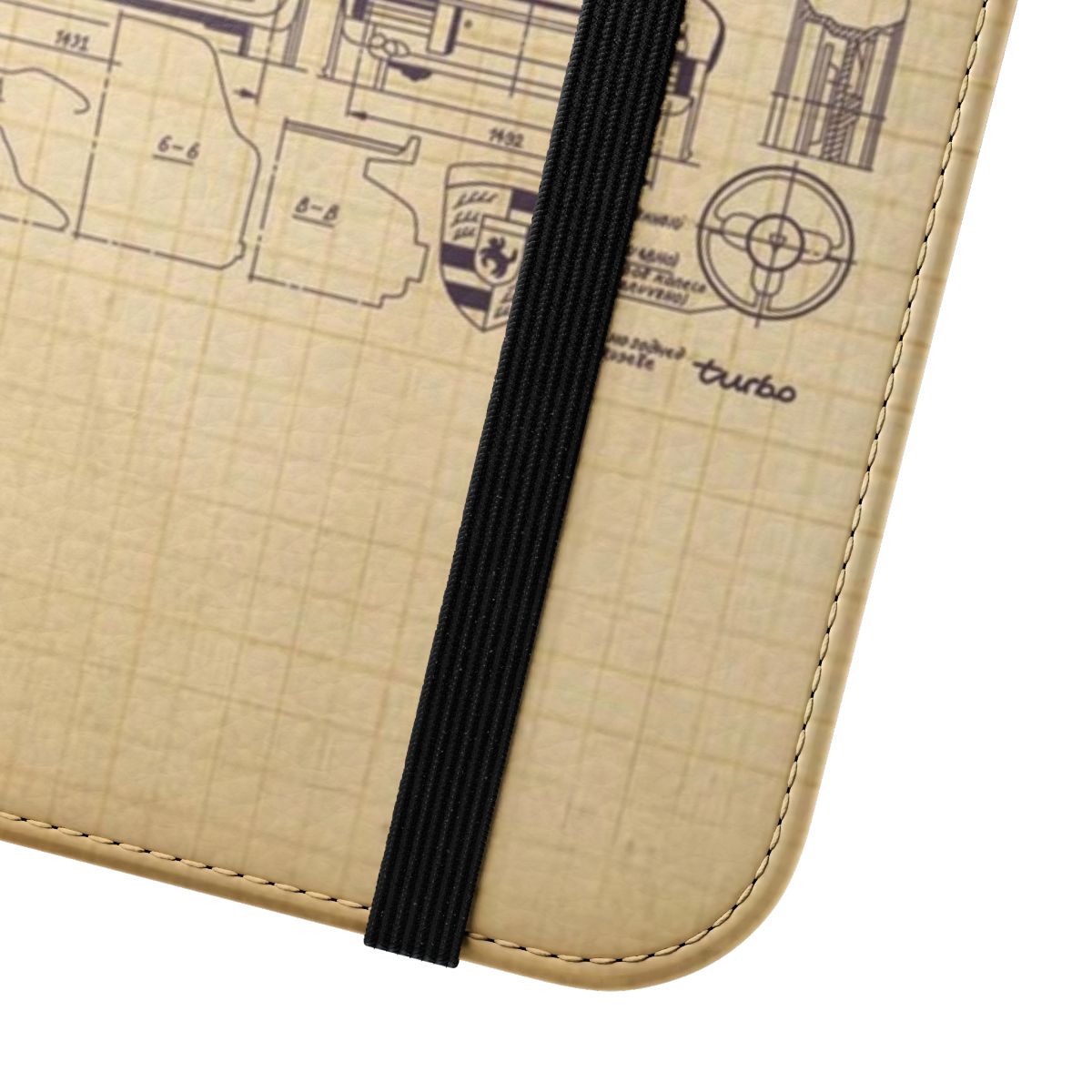 Porsche 911 blueprint themed flip cover phone case - Close Up