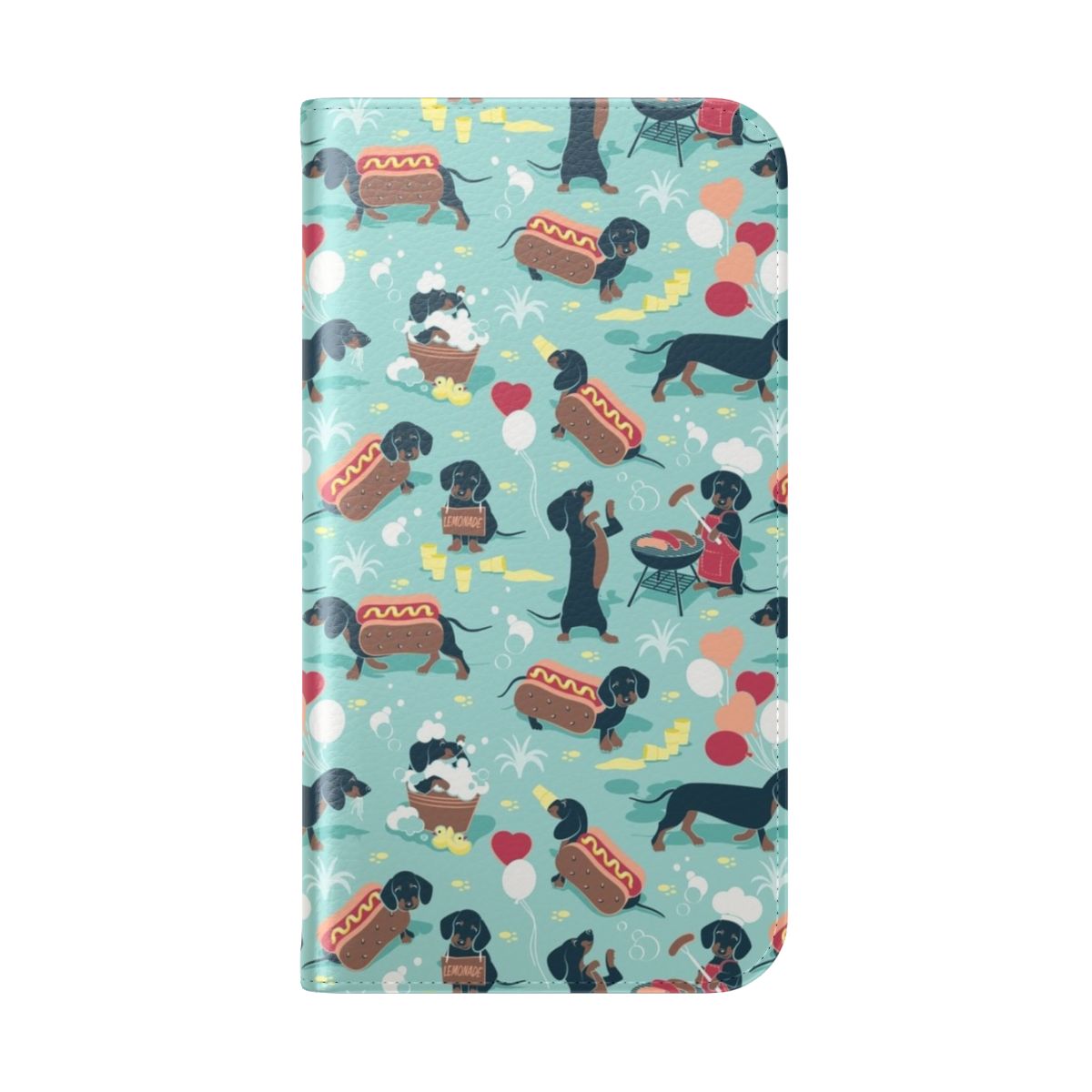 Flip cover phone case with an aqua green background featuring a navy and brown dachshund pattern design - Folded Back