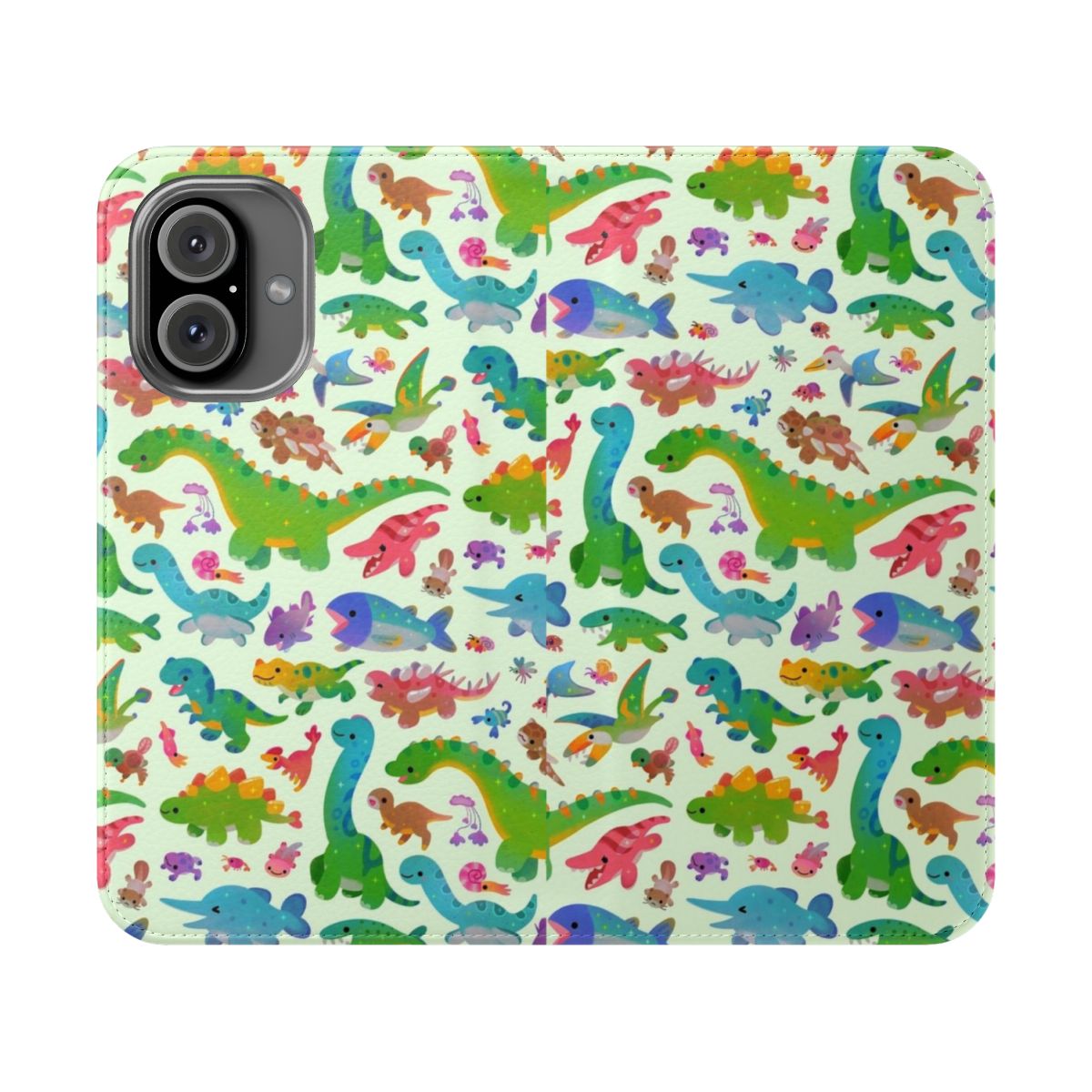 Pastel-colored dinosaur-themed flip cover phone case