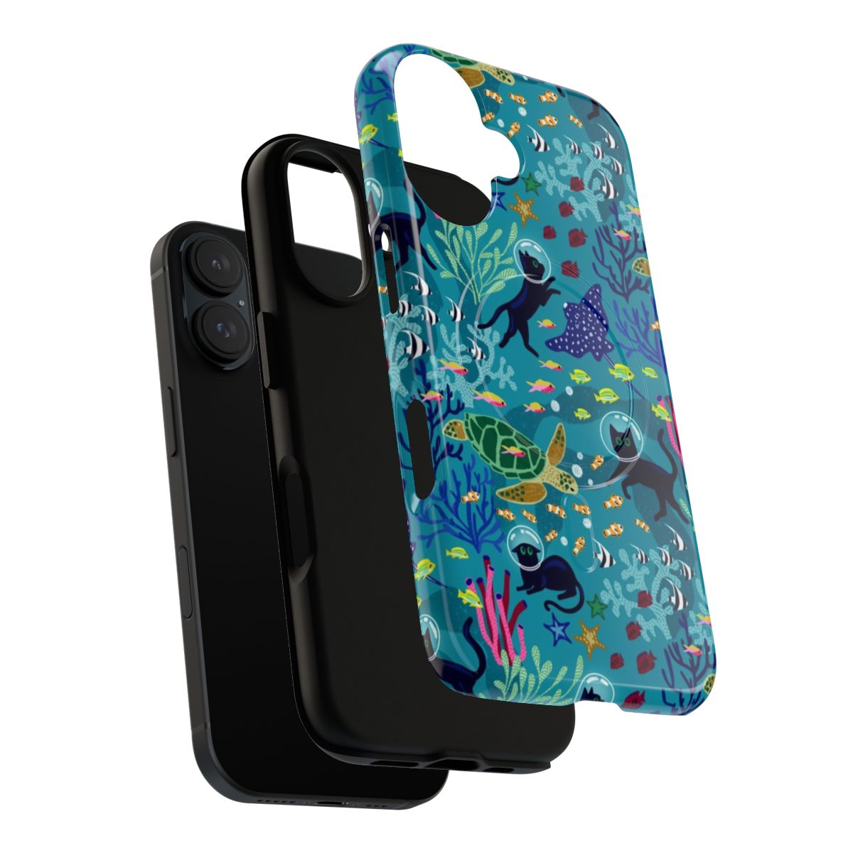 Magnetic tough phone case featuring a playful cat design exploring an underwater coral reef seabed. - Layers