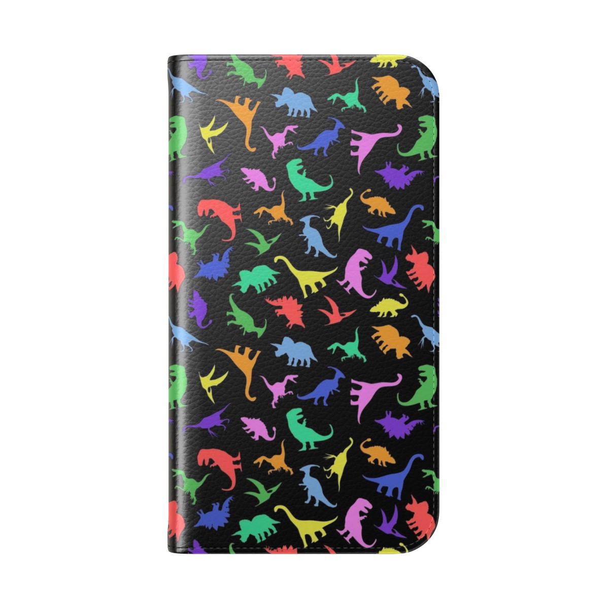 A stylish flip phone case featuring a fun dinosaur pattern on a black background. - Folded Back