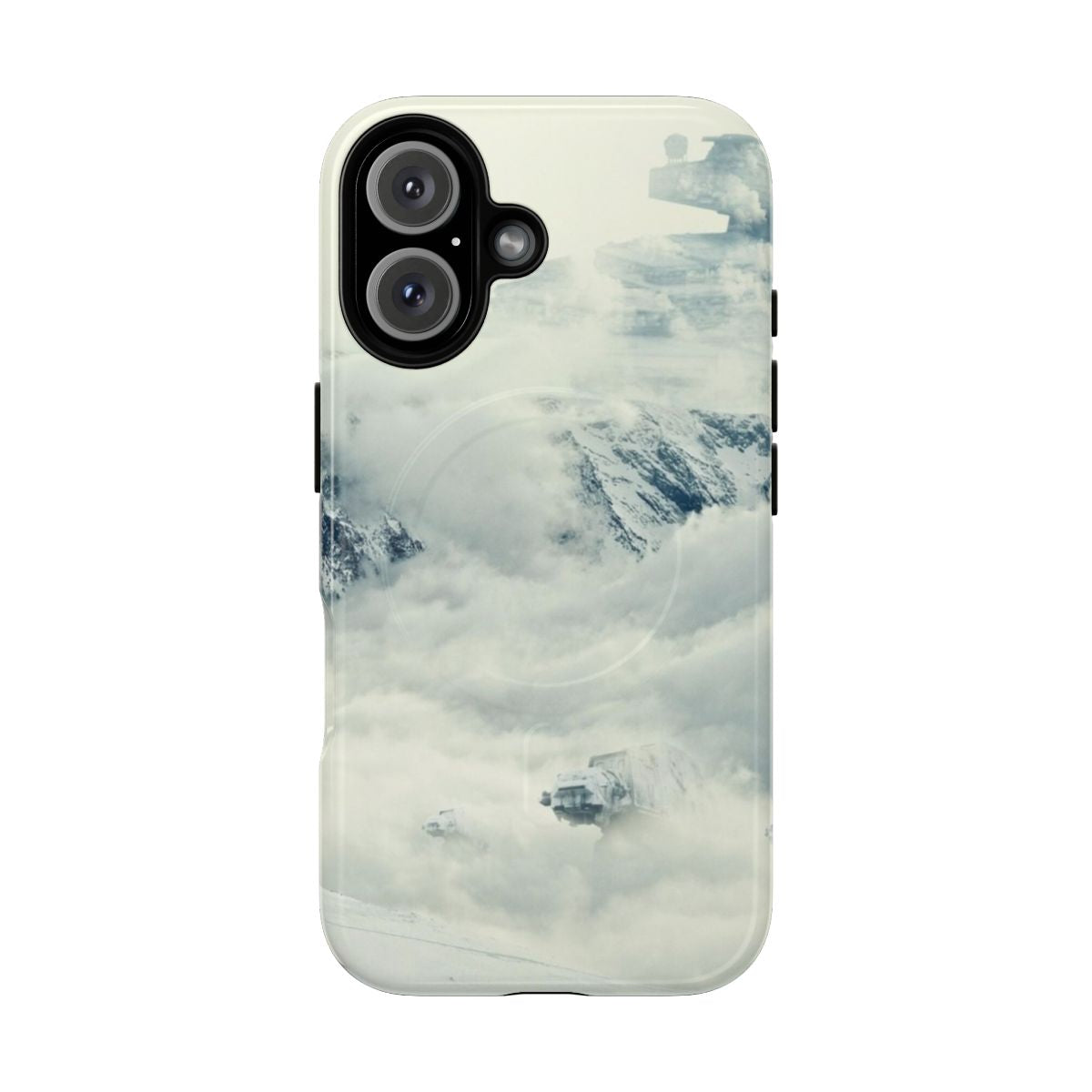 A magnetic phone case featuring a frozen planet landscape inspired by the Star Wars universe.