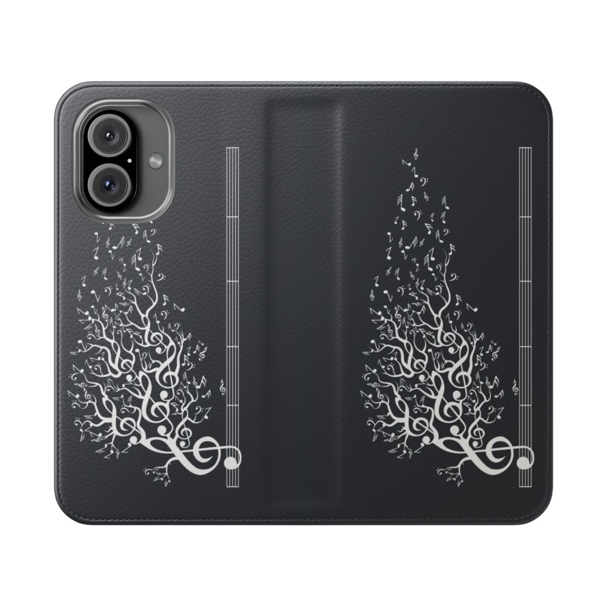 Flip cover phone case with a nature-inspired design featuring trees, music notes, and a retro aesthetic.