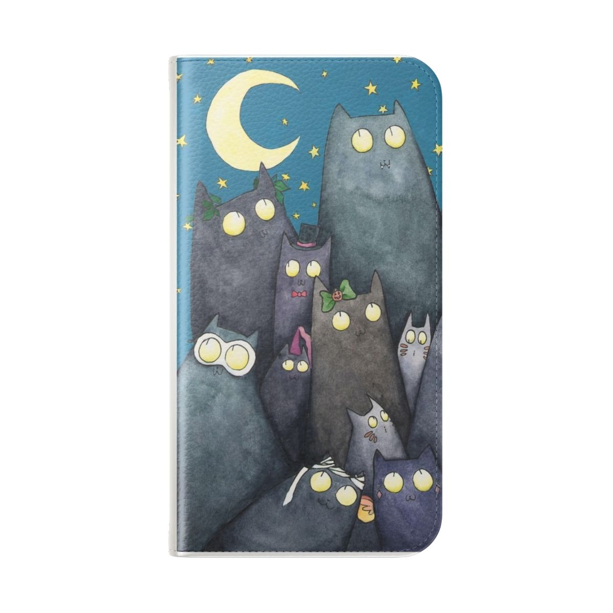 Flip cover phone case featuring a whimsical cat design with kittens, moon, and stars - Folded Back