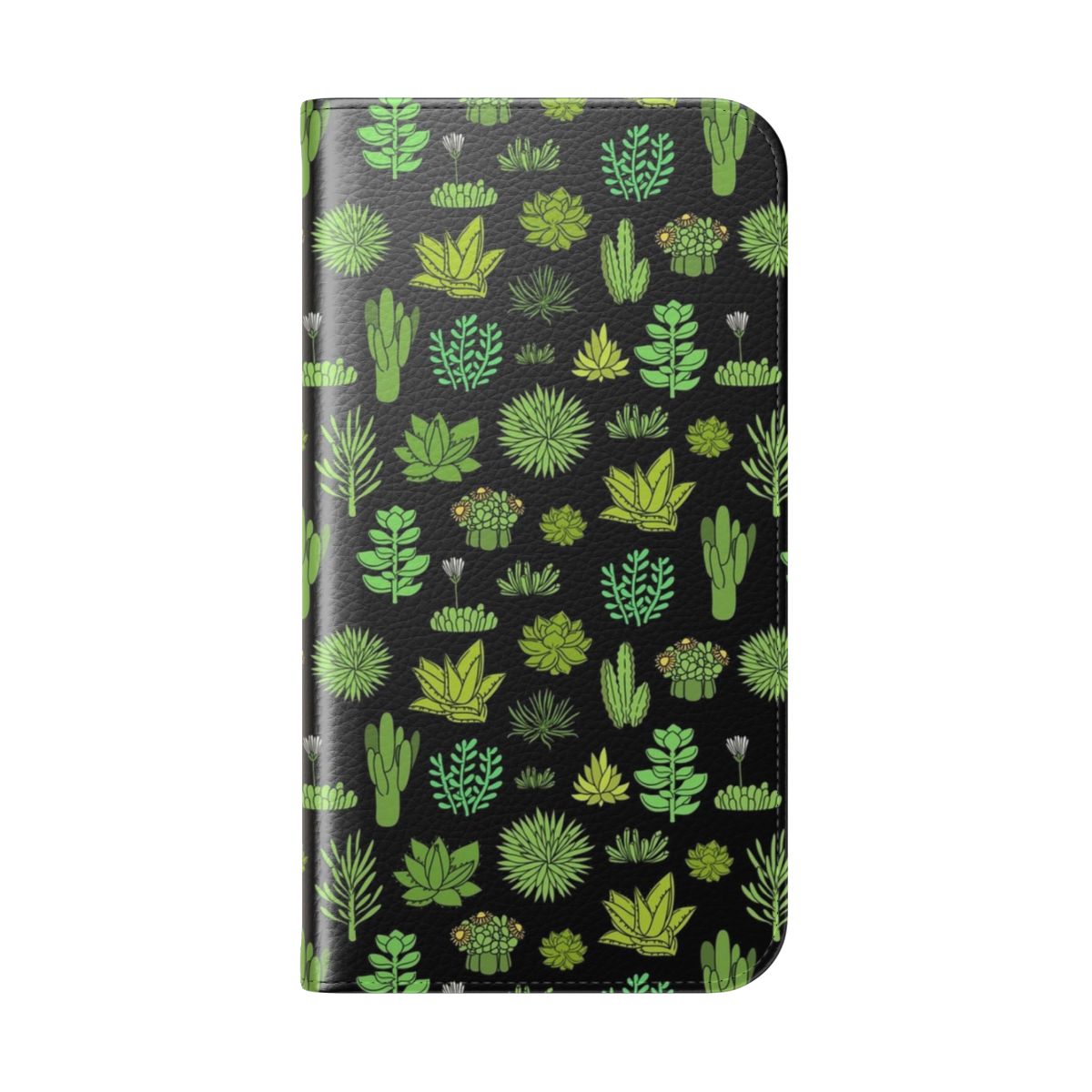 Colorful phone case featuring a design of succulents and cacti against a white background - Folded Back