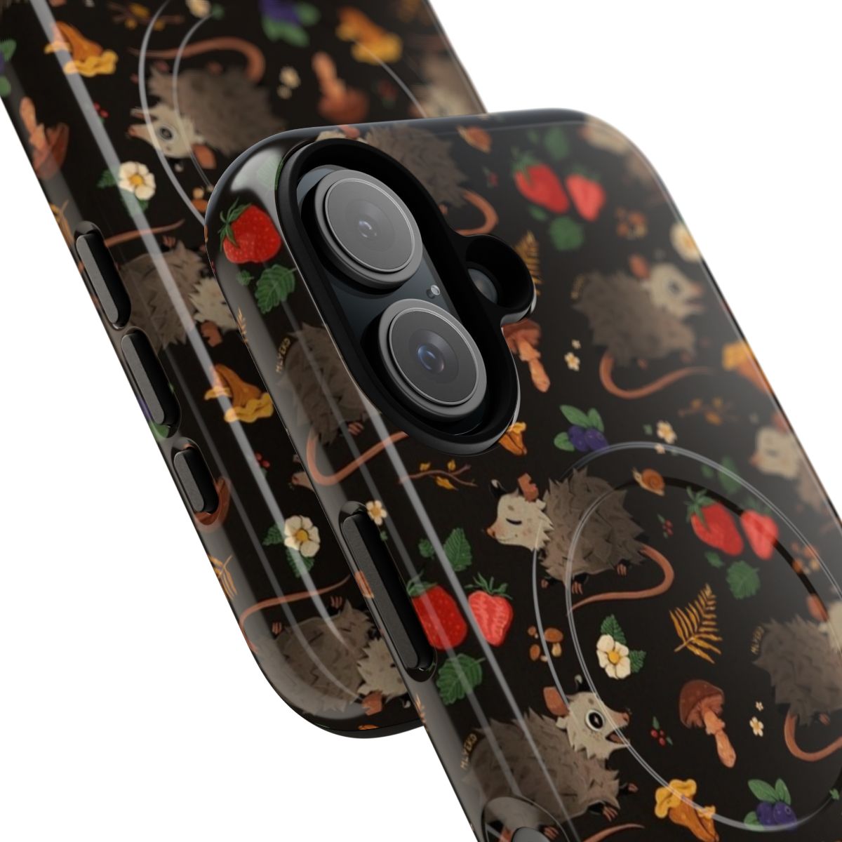 A magnetic tough phone case featuring a seamless pattern of possums, mushrooms, and other woodland creatures. - Detail