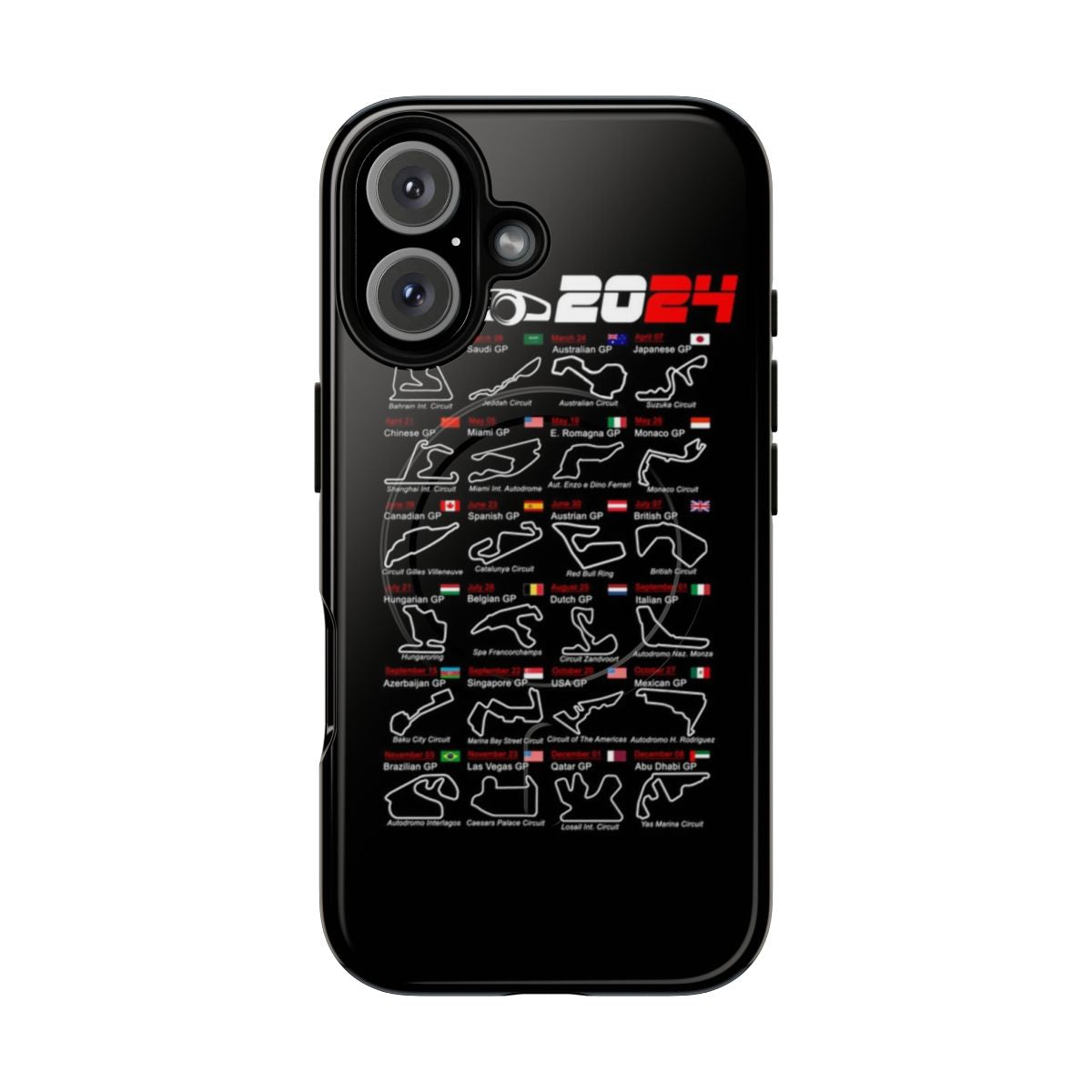 Magnetic tough phone case featuring 2024 Formula 1 race car designs and circuit schedules.