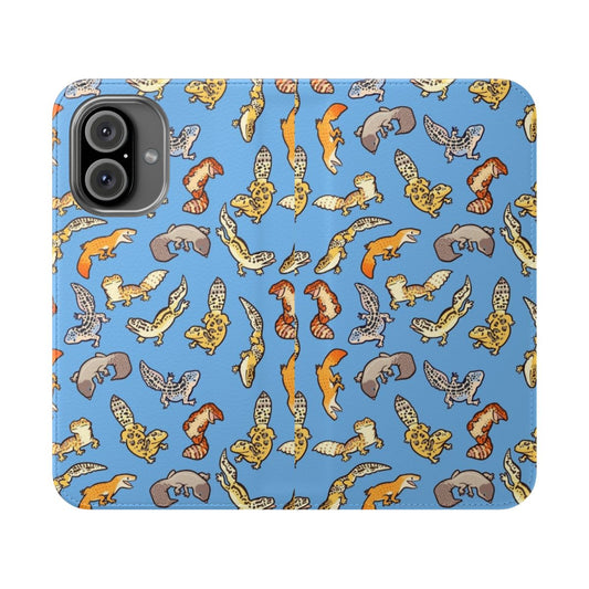 Image of a blue gecko pattern printed on a protective phone case