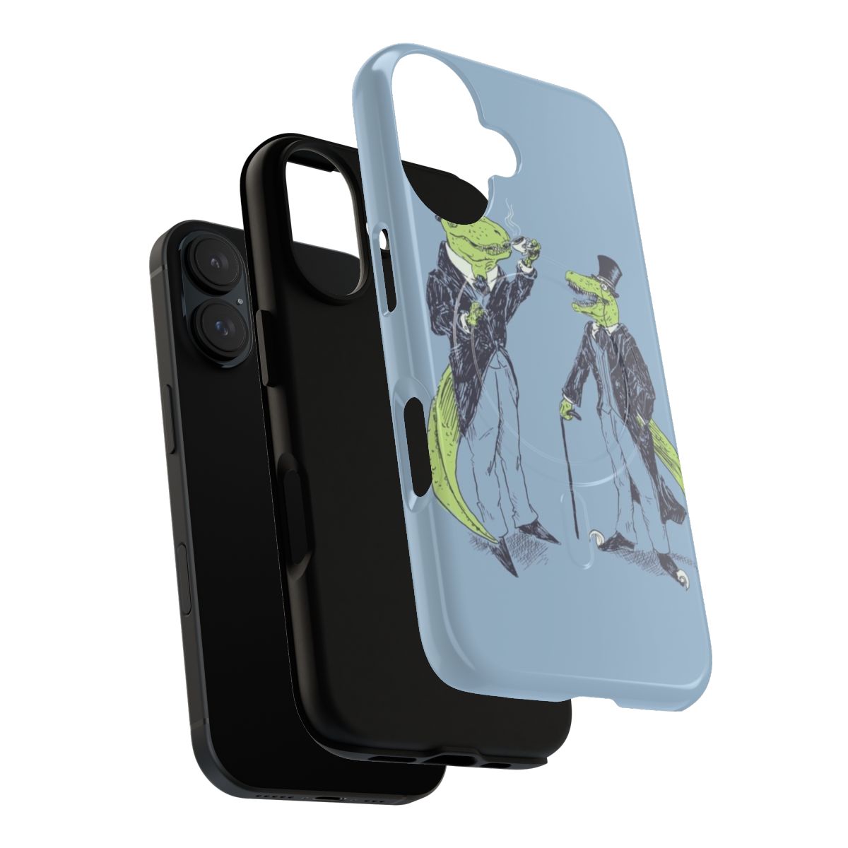 Magnetic tough phone cases featuring illustrations of a Tyrannosaurus Rex and Velociraptor dressed as gentlemen. - Layers