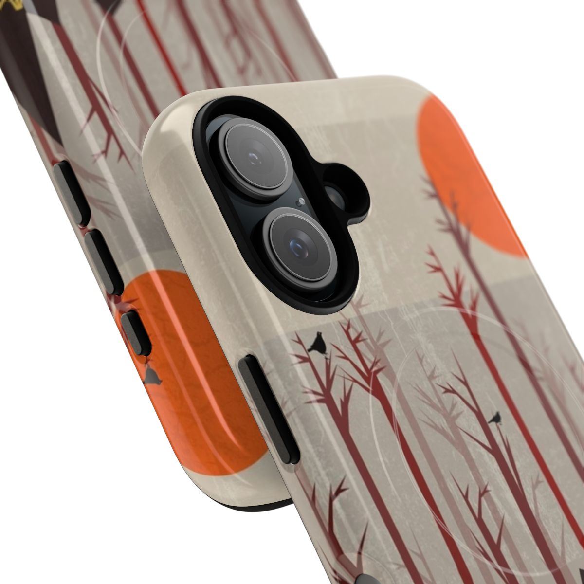 Autumn nature scenery with wolf, flowers, and trees on a durable phone case - Detail