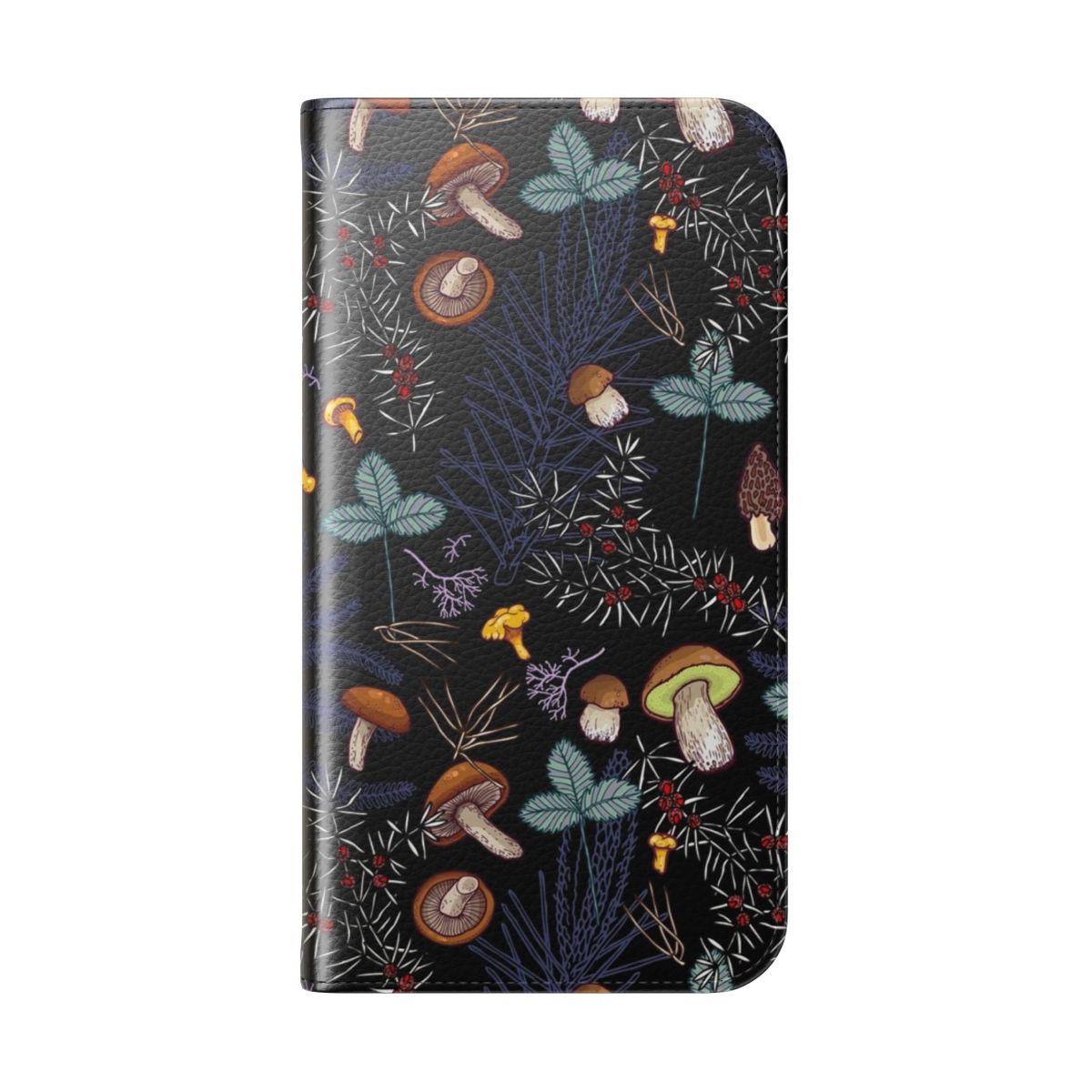 A flip cover phone case featuring a dark, wild forest mushroom pattern design. - Folded Back