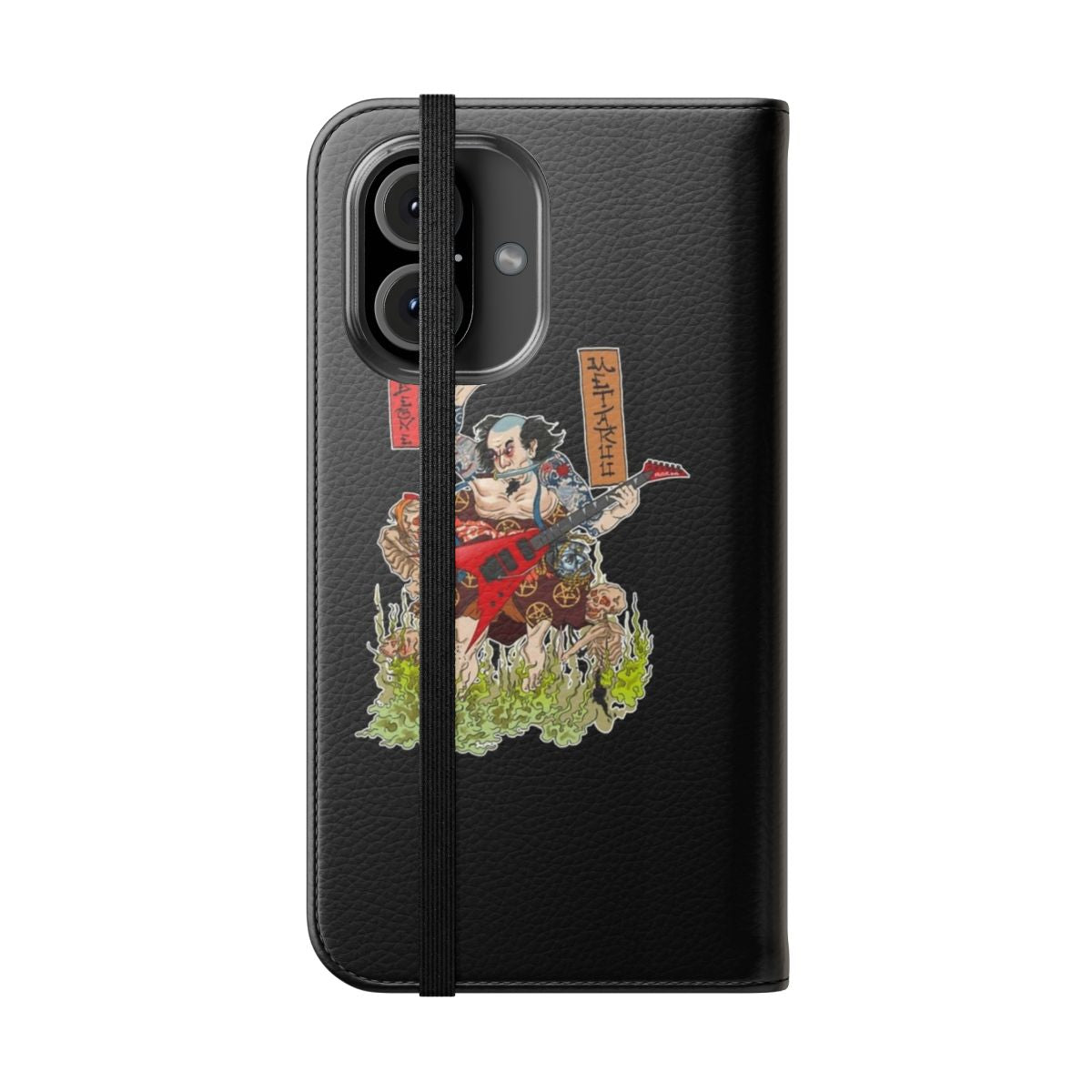 Flip cover phone case with a feudal samurai and heavy metal design - Folded Front