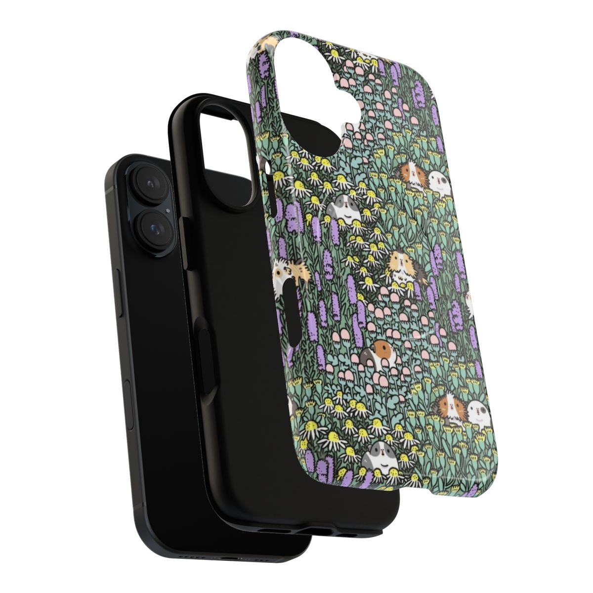 Vibrant floral phone case with an artistic pattern featuring guinea pigs and garden herbs - Layers