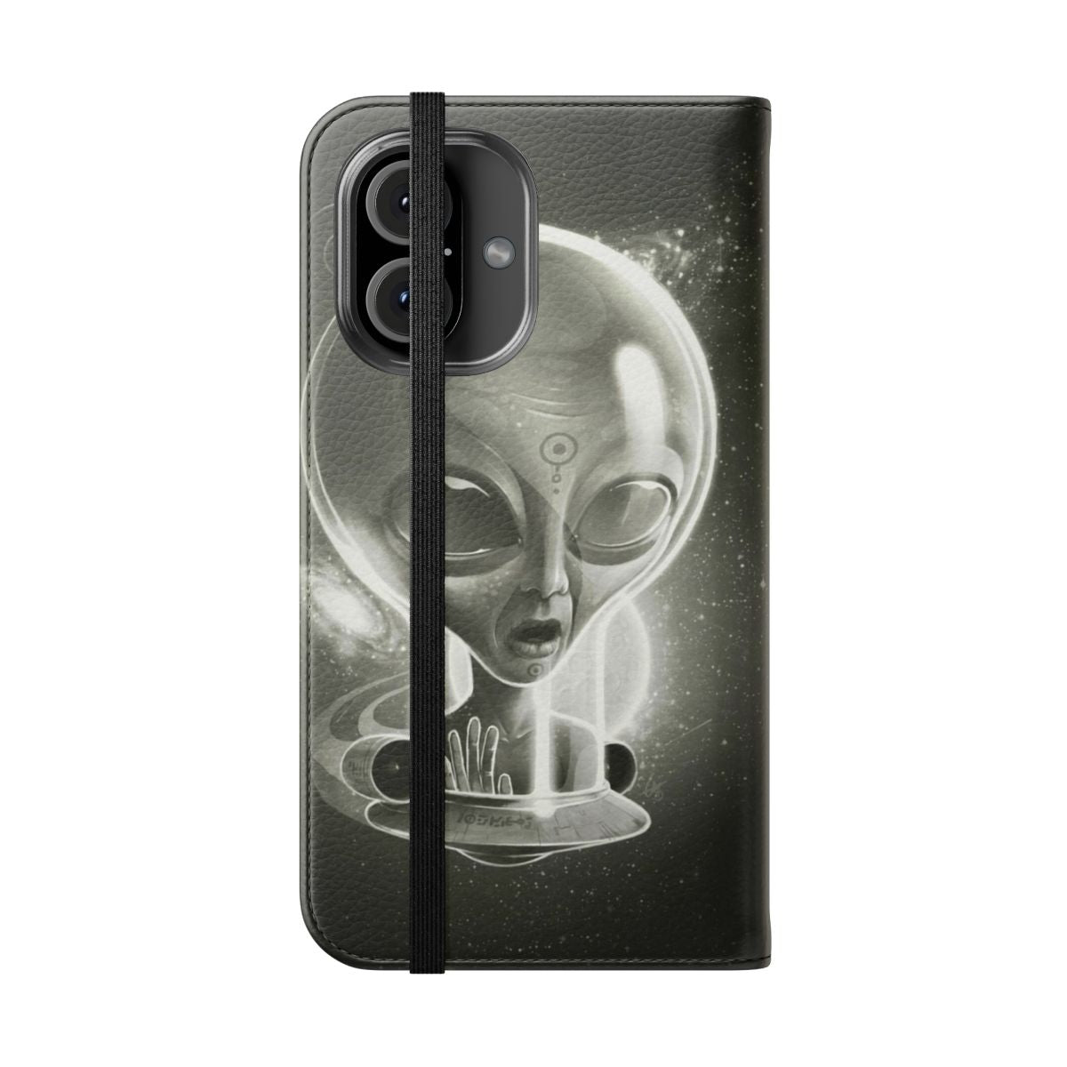 Alien-themed flip cover phone case with a cosmic, sci-fi design - Folded Front