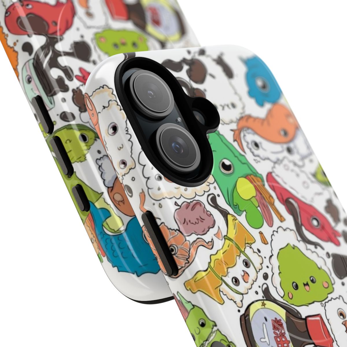 Vibrant anime-style illustration of sushi, ginger, and green tea on a protective phone case - Detail