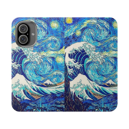 Artistic flip cover phone case featuring Hokusai's Great Wave and Van Gogh's Starry Night