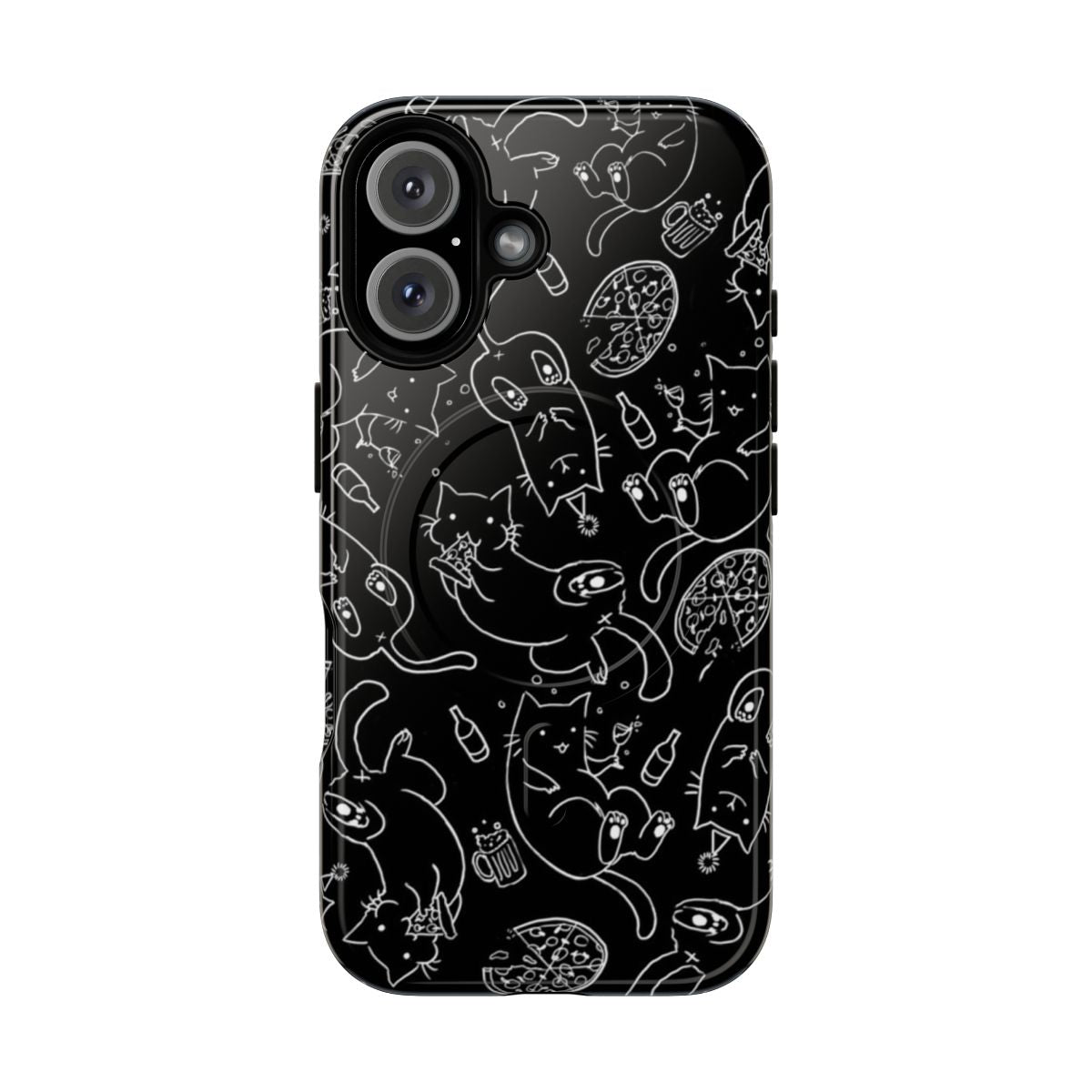 Colorful phone case featuring a vibrant cat party pattern in black and white