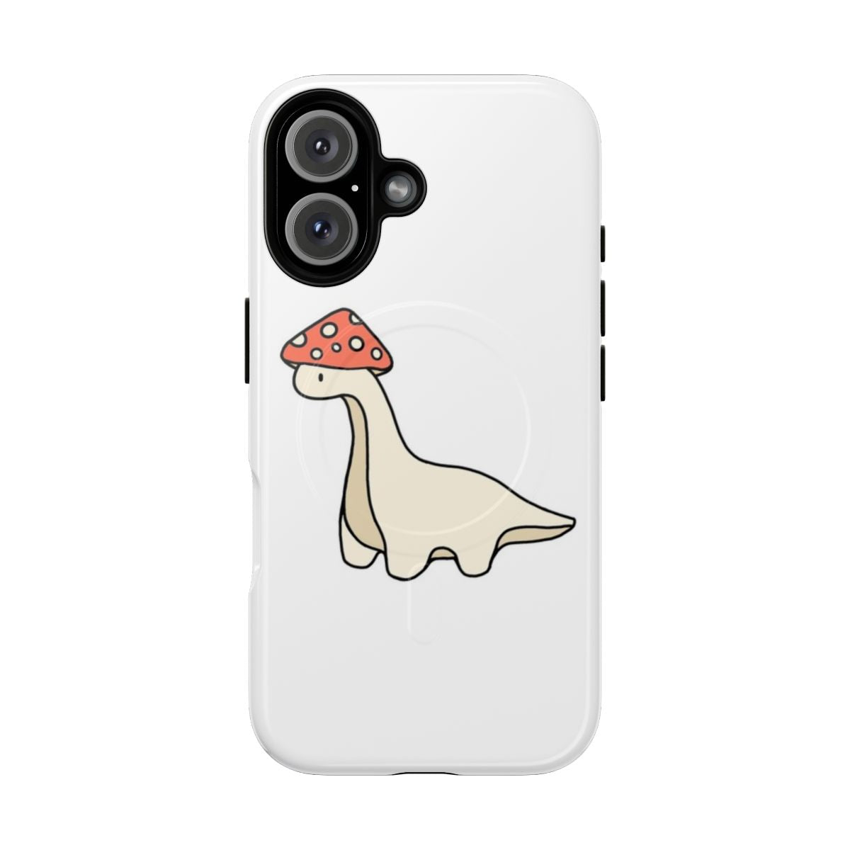 A phone case featuring a cute brontosaurus dinosaur and mushrooms in a simple, whimsical design.