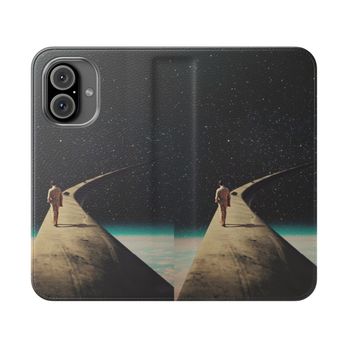 Vintage-inspired collage design phone case with a man walking on a surreal, starry road