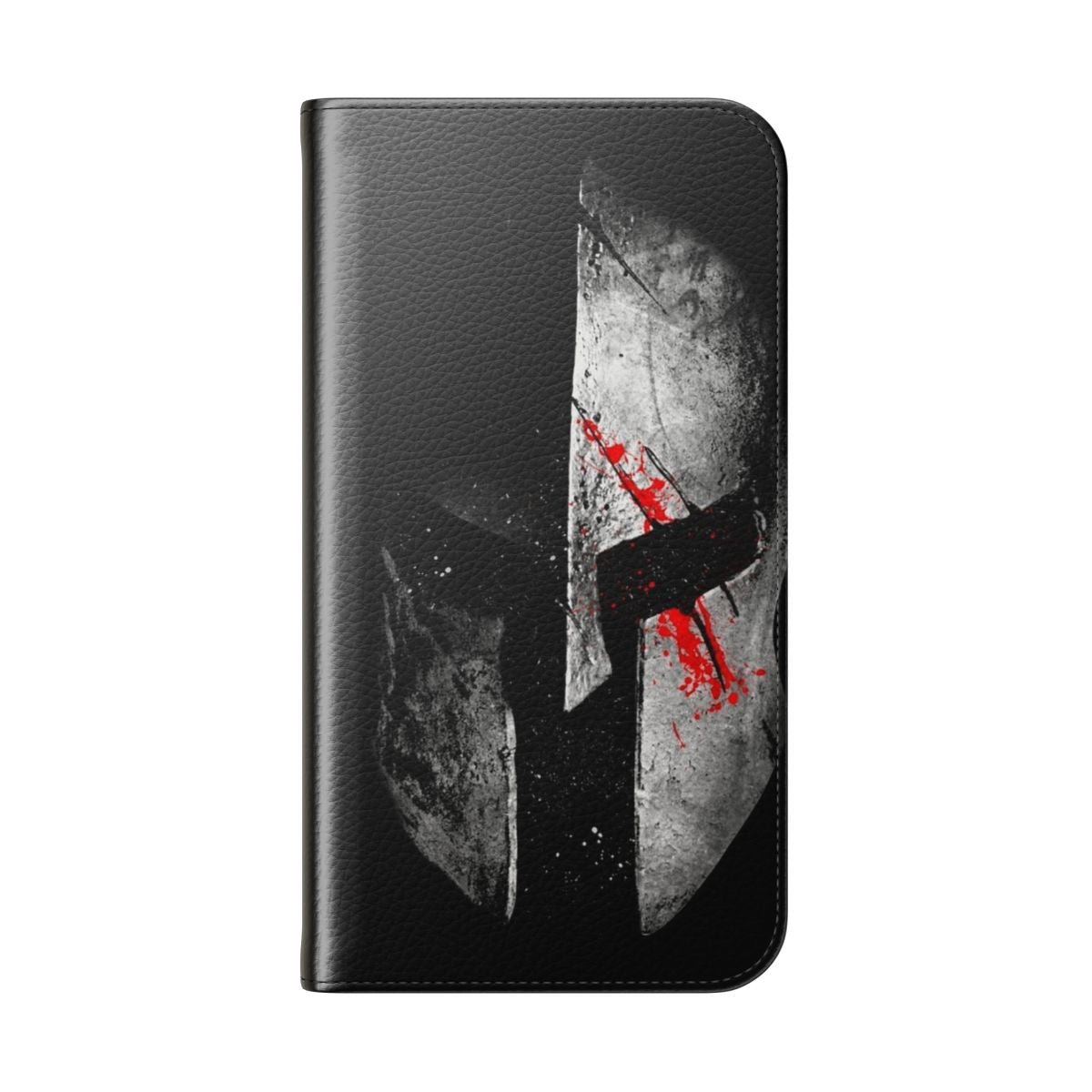 Image of a grungy, dark phone case with a spartan warrior helmet design - Folded Back