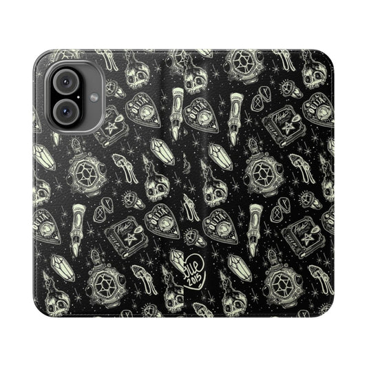 Flip cover phone case with a mystical, magical, and spooky pattern design