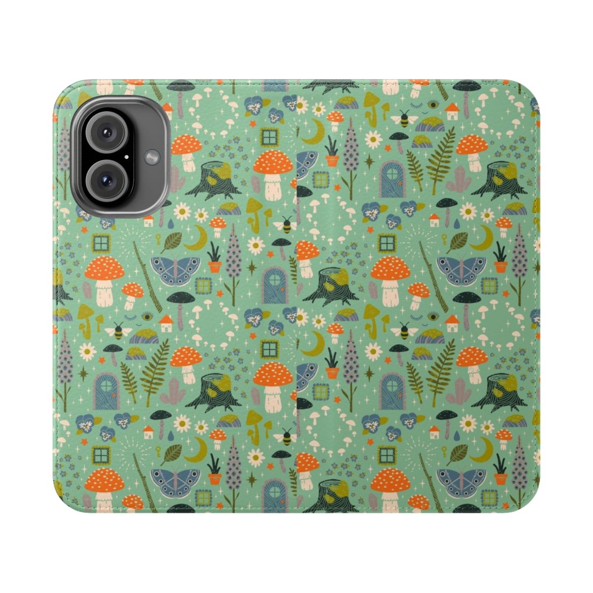 Fairy garden themed flip cover phone case with mushrooms, butterflies, and floral patterns