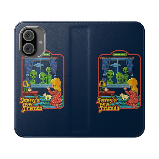 Retro sci-fi themed flip cover phone case featuring aliens, UFOs, and kittens