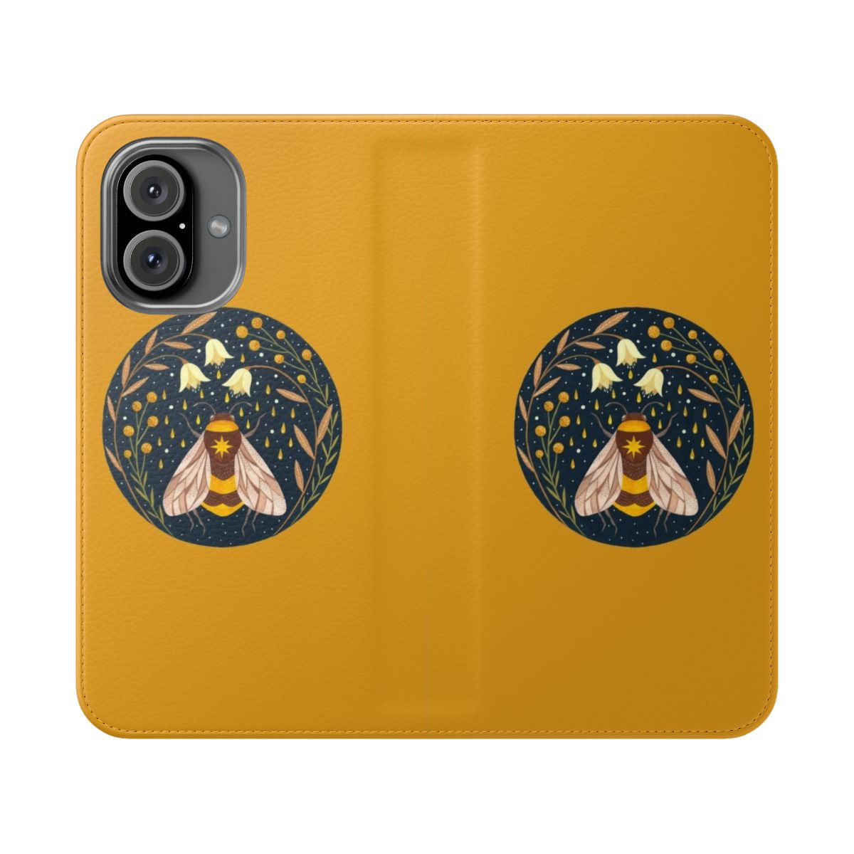 A phone case with a vibrant floral pattern and a golden honey bee design, perfect for nature enthusiasts and bee lovers.