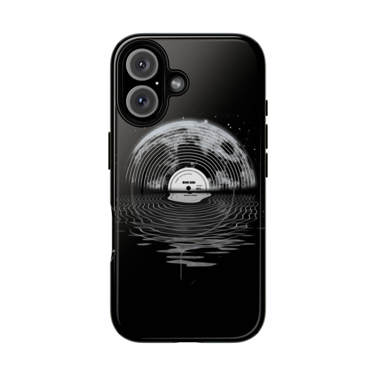 Magnetic phone case with a moon and music-inspired design on a black and white background