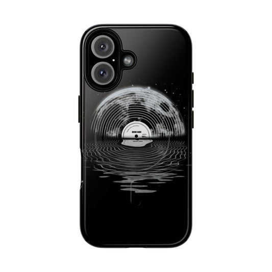 Magnetic phone case with a moon and music-inspired design on a black and white background