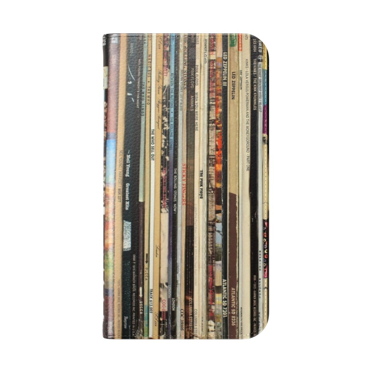 Vintage-inspired flip phone case featuring classic rock vinyl records design - Folded Back