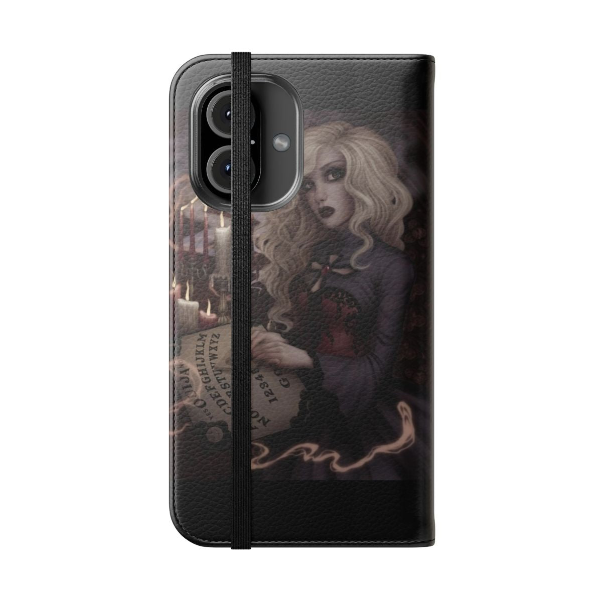 Spooky gothic supernatural themed flip cover phone case with occult and paranormal design elements - Folded Front