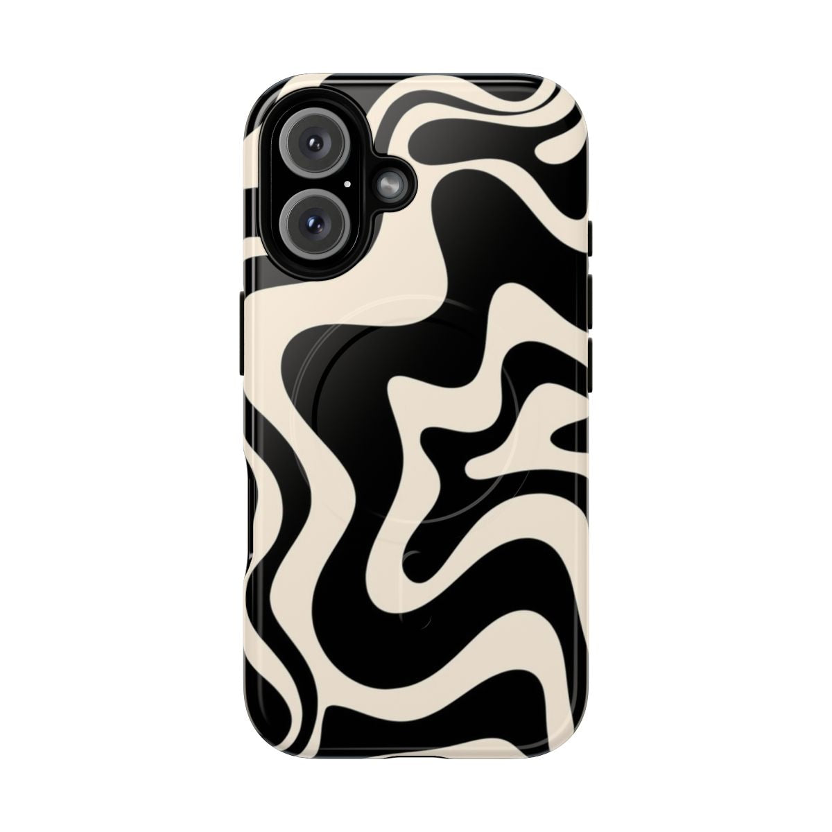 Retro abstract pattern with black and almond cream fluid swirl design on a phone case