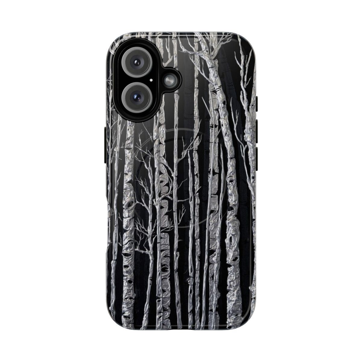 Closeup view of a magnetic phone case with a black and white birch tree design