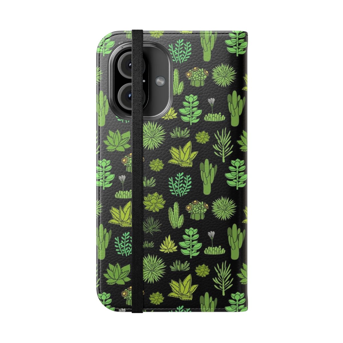 Colorful phone case featuring a design of succulents and cacti against a white background - Folded Front