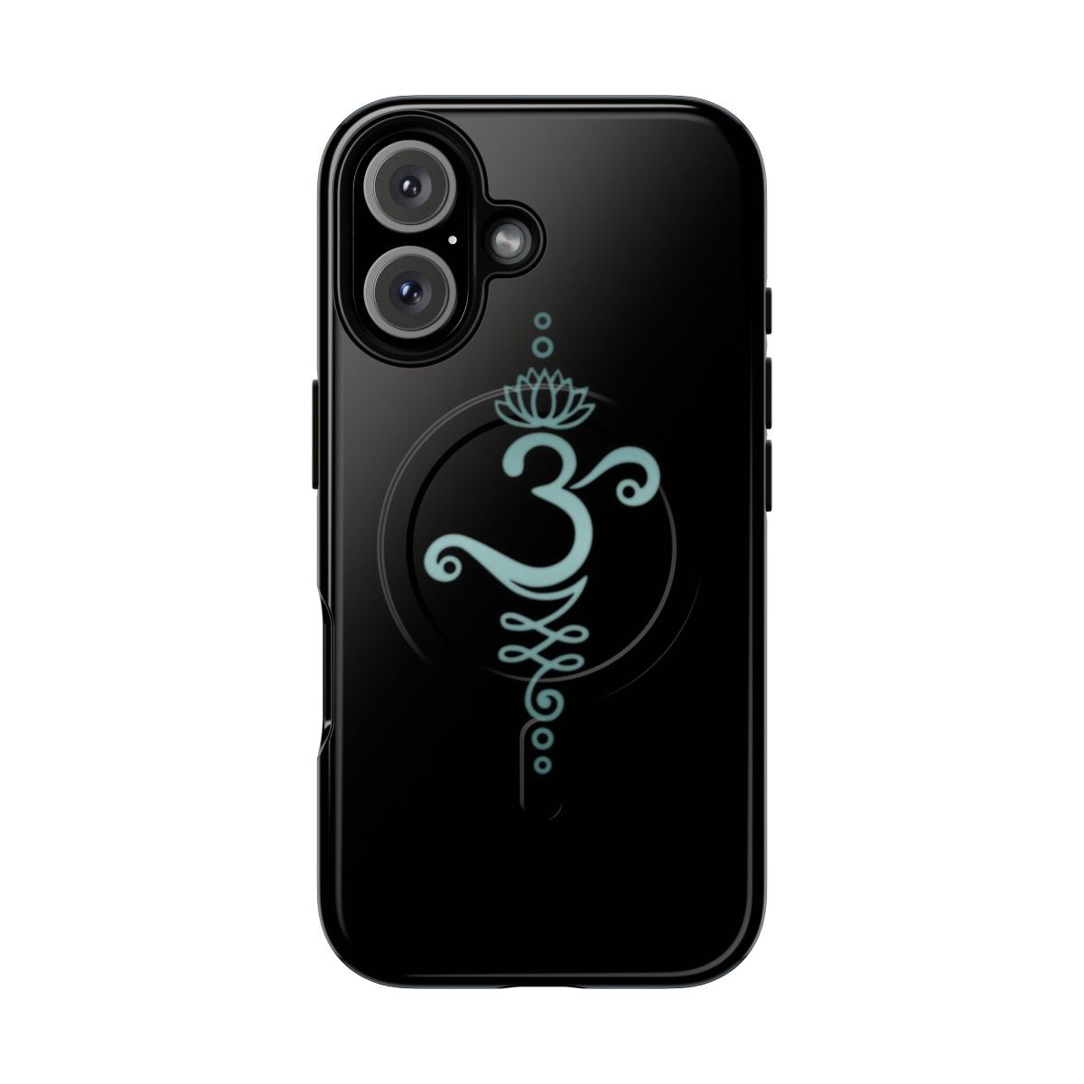 Magnetic tough phone case featuring a lotus flower, unalome, and yoga symbols in a spiritual, buddhist design.