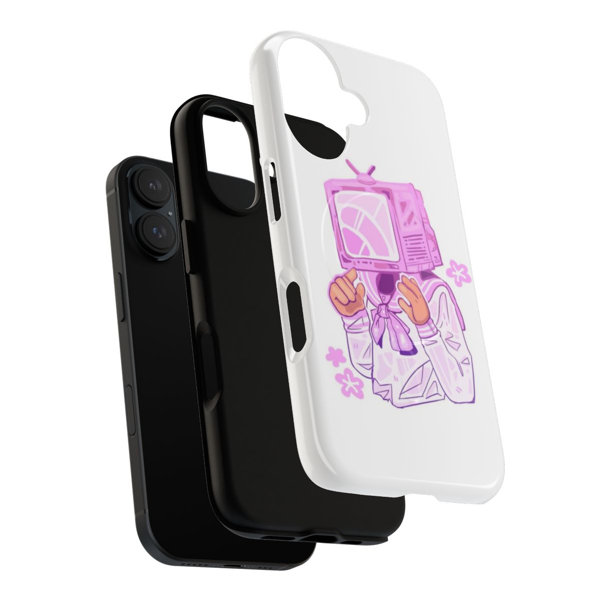 A pink phone case with an anime-inspired head design and cherry blossom accents - Layers