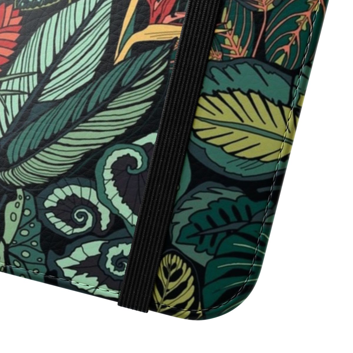 Flip phone case with a vibrant print of tropical leaves, including calathea, bird of paradise, and other lush botanicals. - Close Up